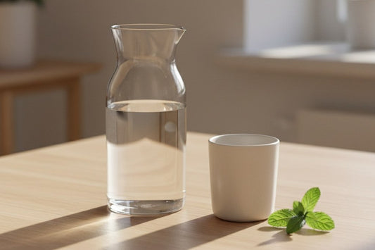 Glaskaraffe mit stillem Wasser und Keramikbecher auf einem Holztisch im Morgenlicht — bewusstes Trinken als Ritual