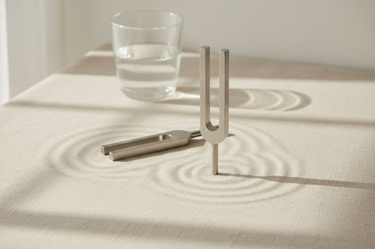 Zwei silberne Stimmgabeln auf Leinenstoff mit konzentrischen Resonanzmustern — visuelle Darstellung des physikalischen Resonanzprinzips